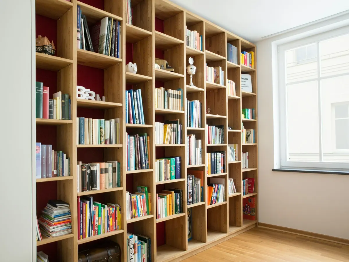 A finished floor-to-ceiling built-in bookshelf wall