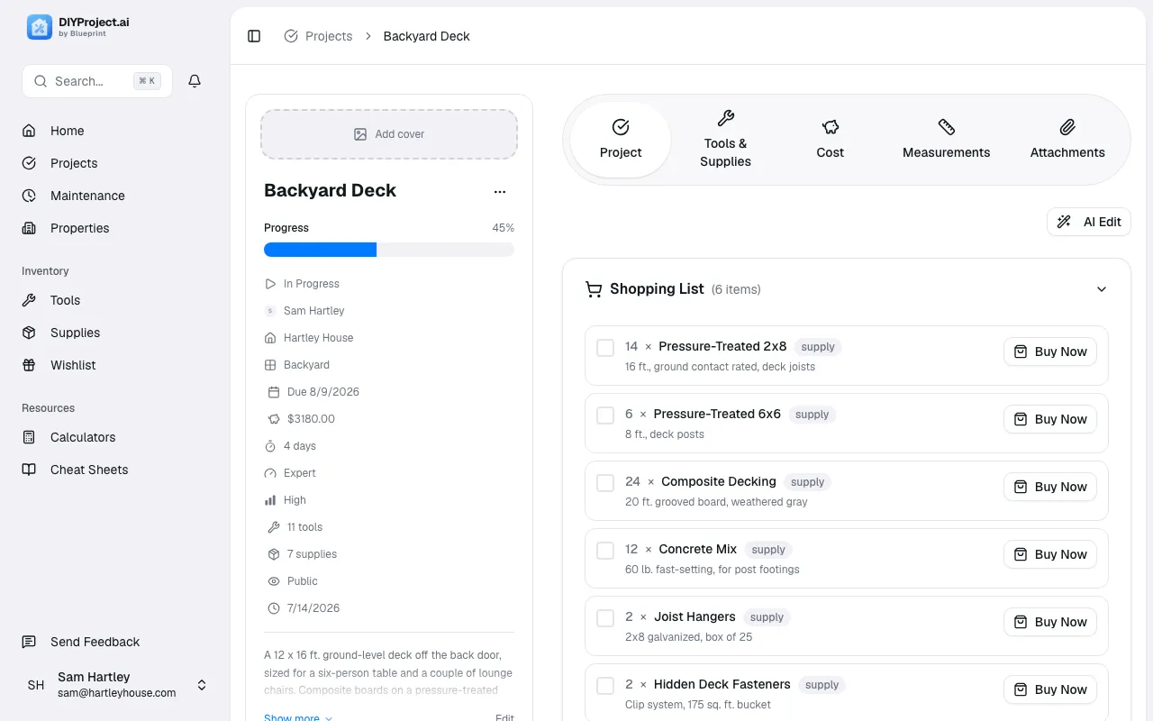 An AI-generated project plan and shopping list for a backyard deck