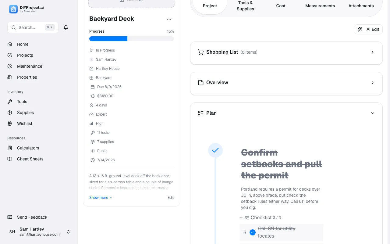 Project steps with checklists, safety notes, and building code call-outs