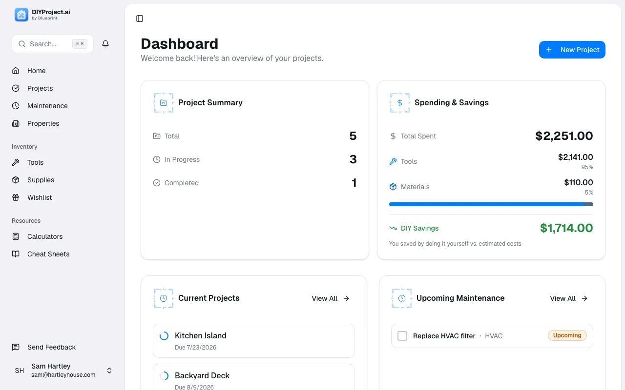 The dashboard, showing project summary, spending, and upcoming maintenance